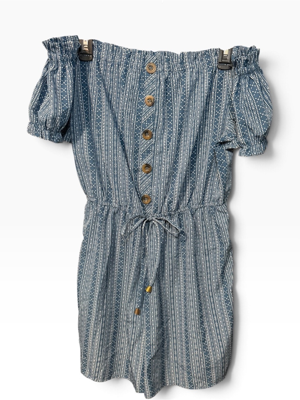 A Hint of Blush Off Shoulder Stripe Romper Blue White Size XL Junior